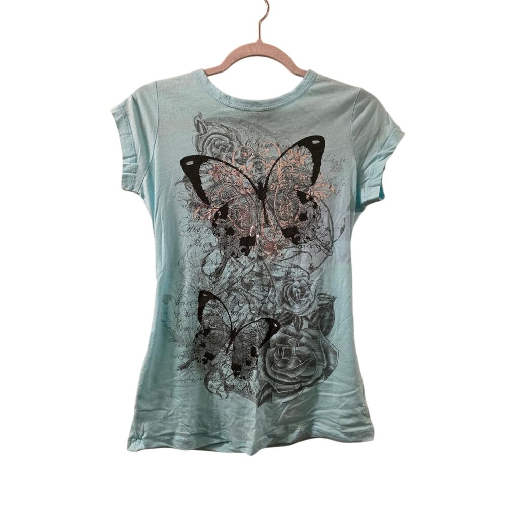 Vtg Y2K Foil Butterfly Print Shirt Powder Blue USA Made Size L California Girlz